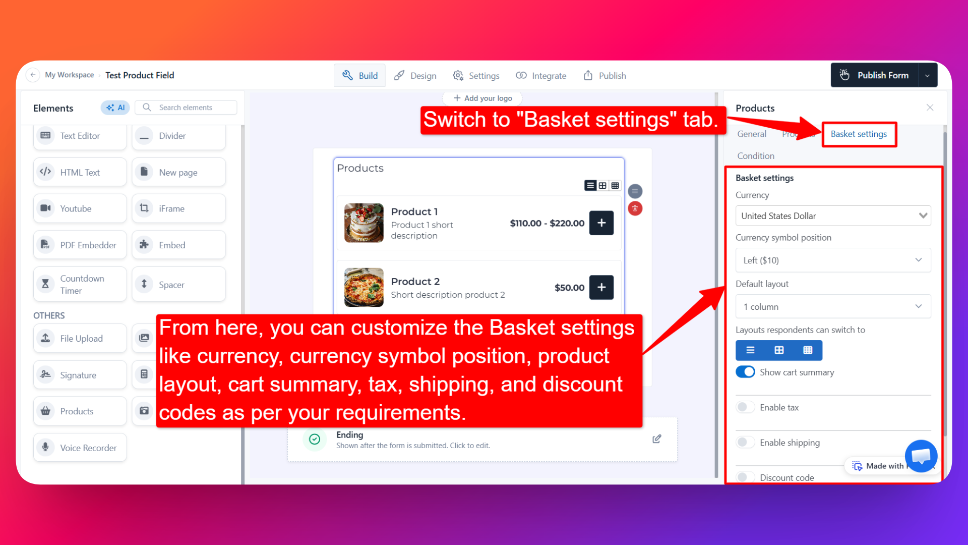 Basket Settings for the product