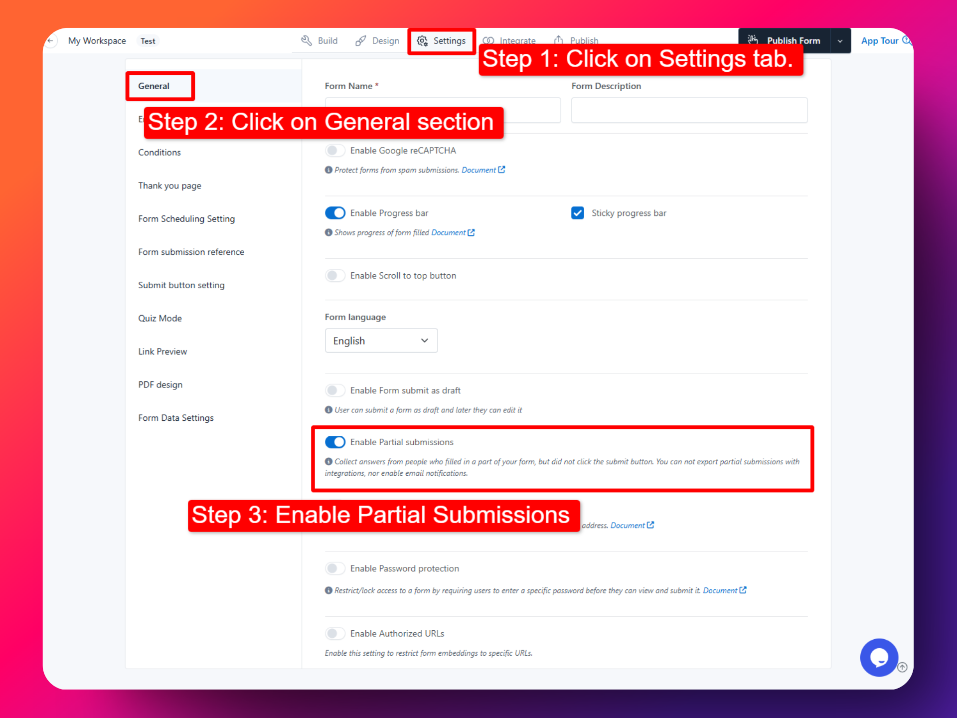 Steps for enabling partial submissions in forms