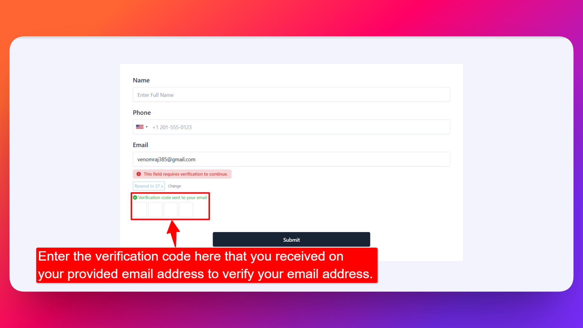 How to enter and verify the email verification code