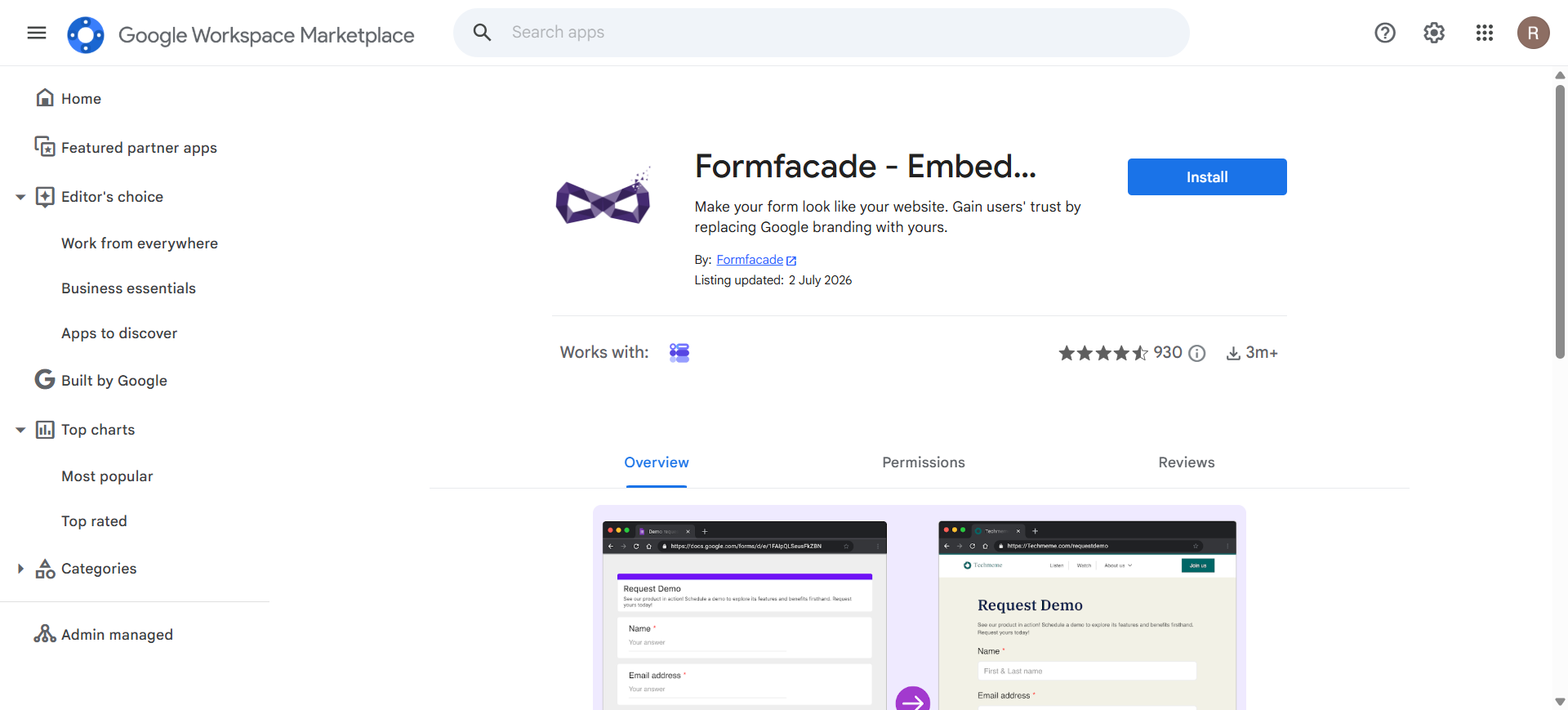 Formfacade embedding add-on for Google Forms