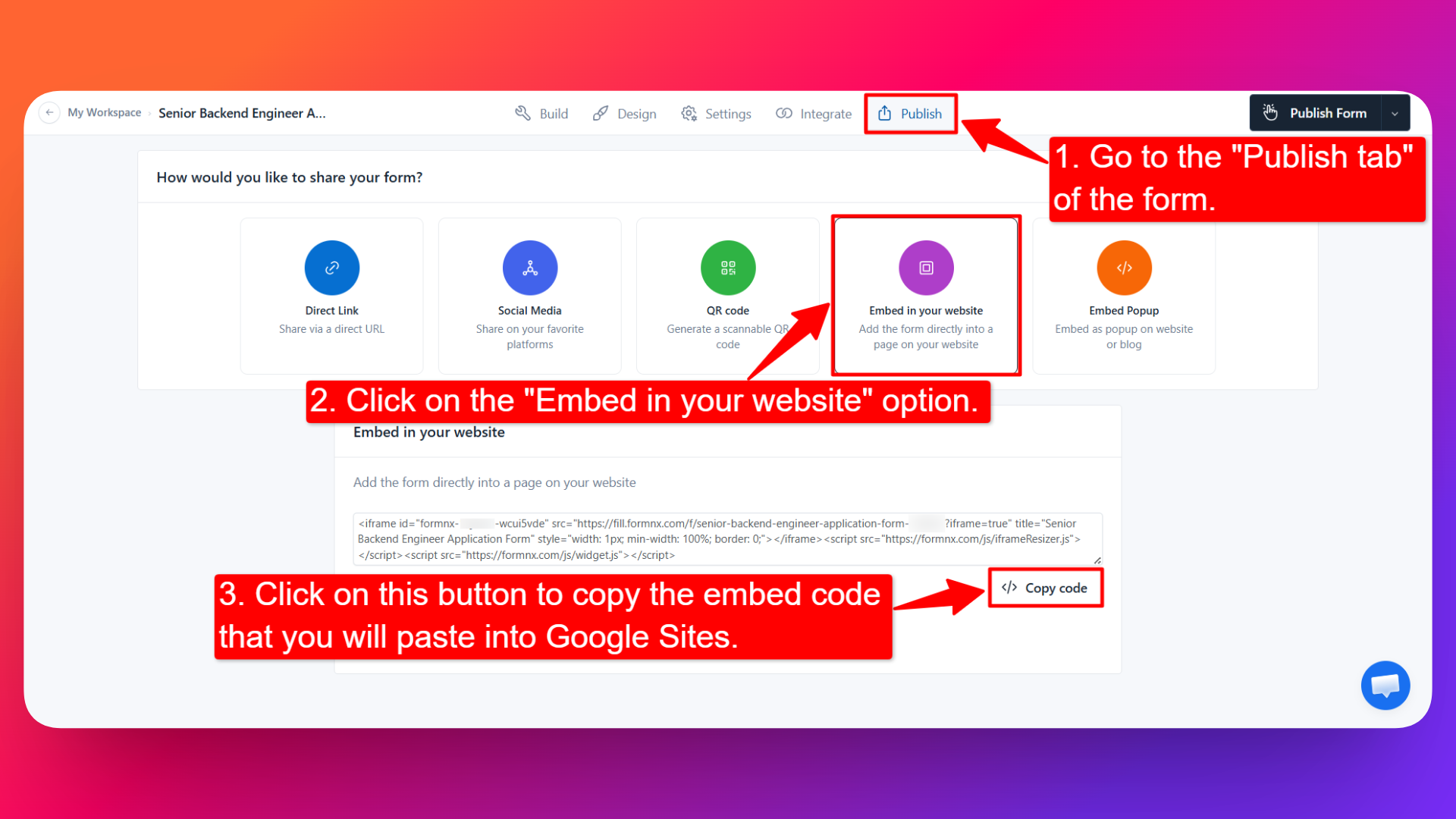 Steps on how to copy the embed code of your form from FormNX