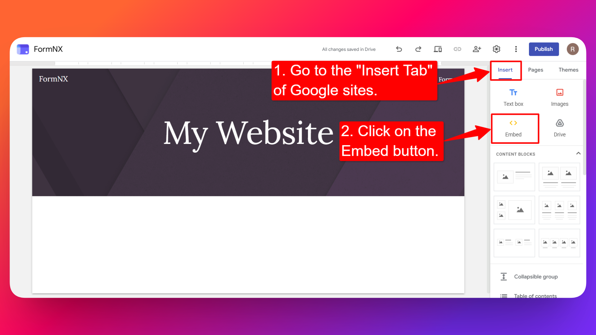 How to add embed code in Google Sites editor page
