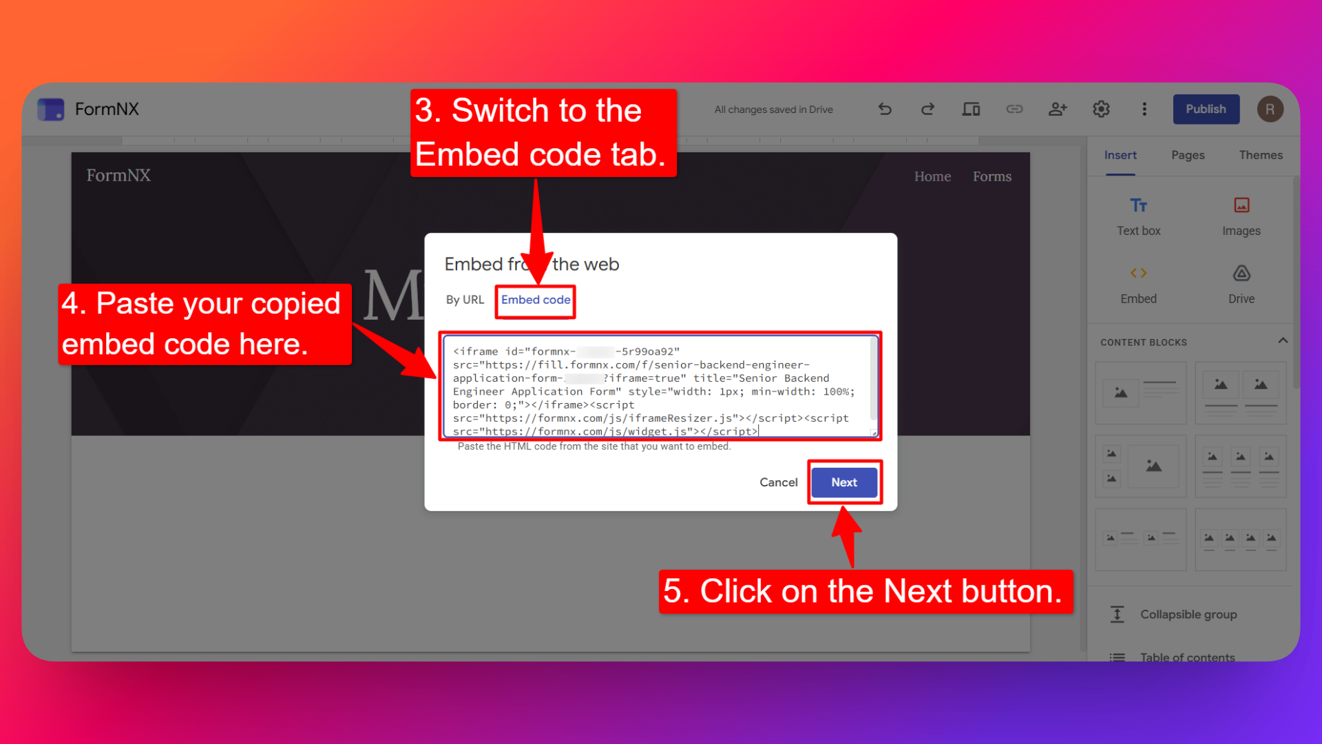 How to add embed code in Google Sites editor page