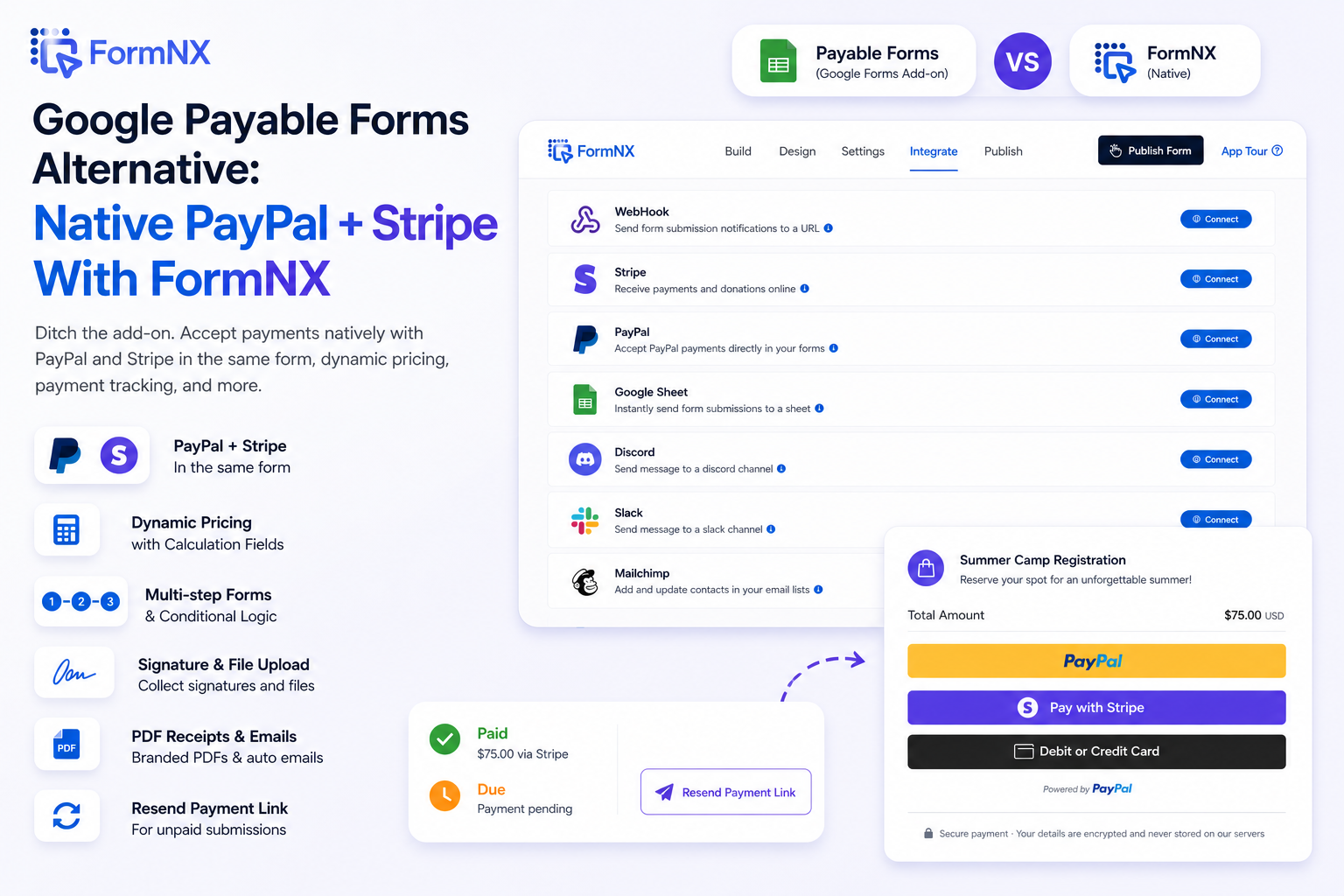 Google Payable Forms alternative — FormNX with native PayPal and Stripe checkout