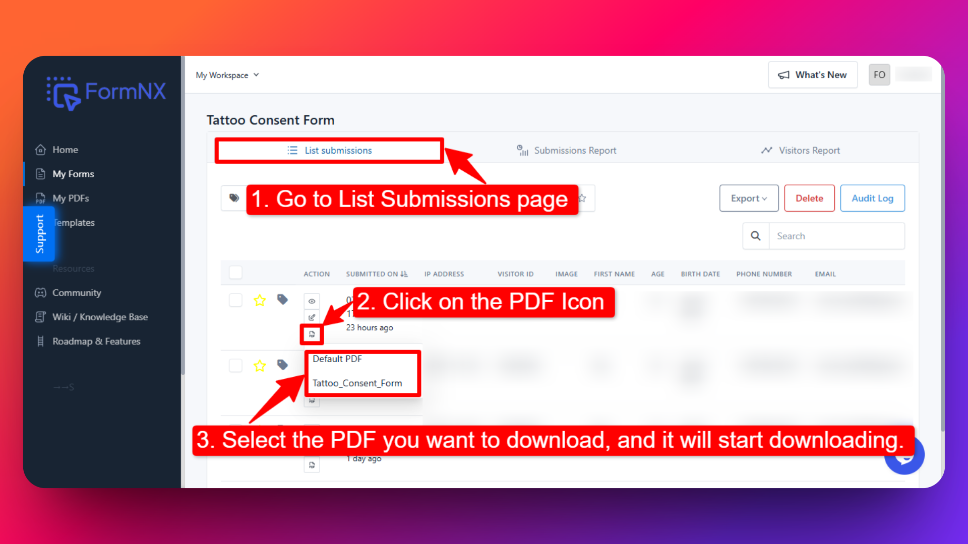 steps for downloading pdf from list submissions