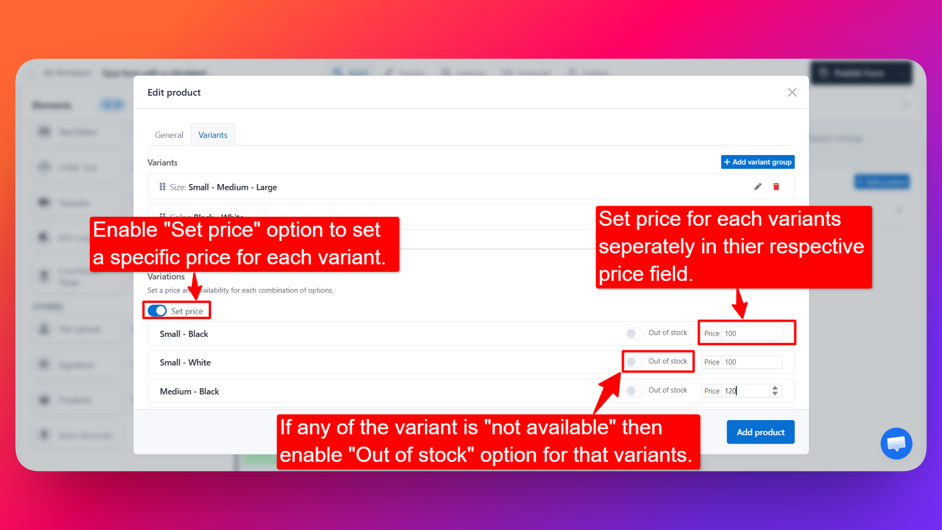 Set Price & Availability options for the variants of the product
