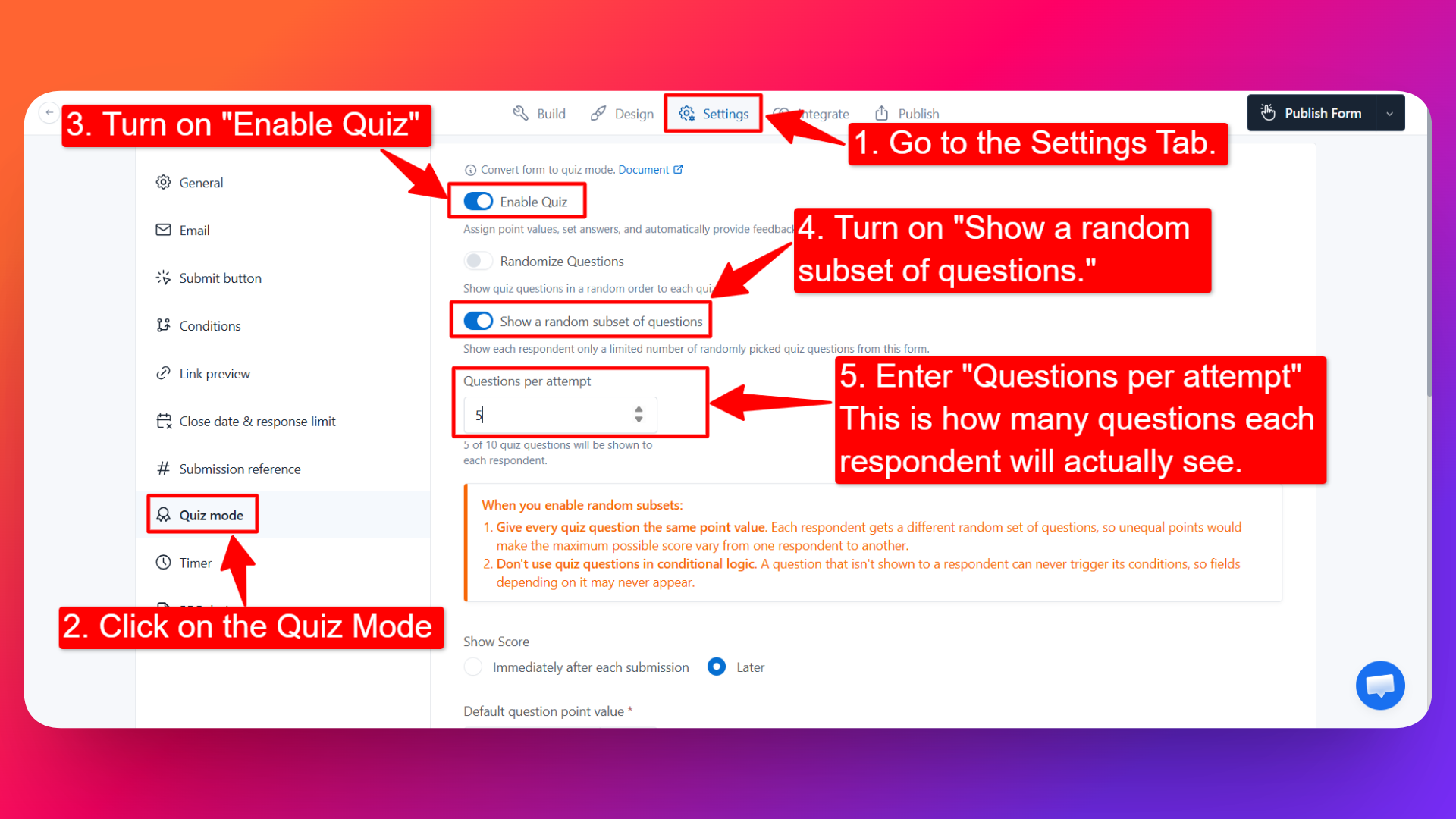 Show a random subset of questions