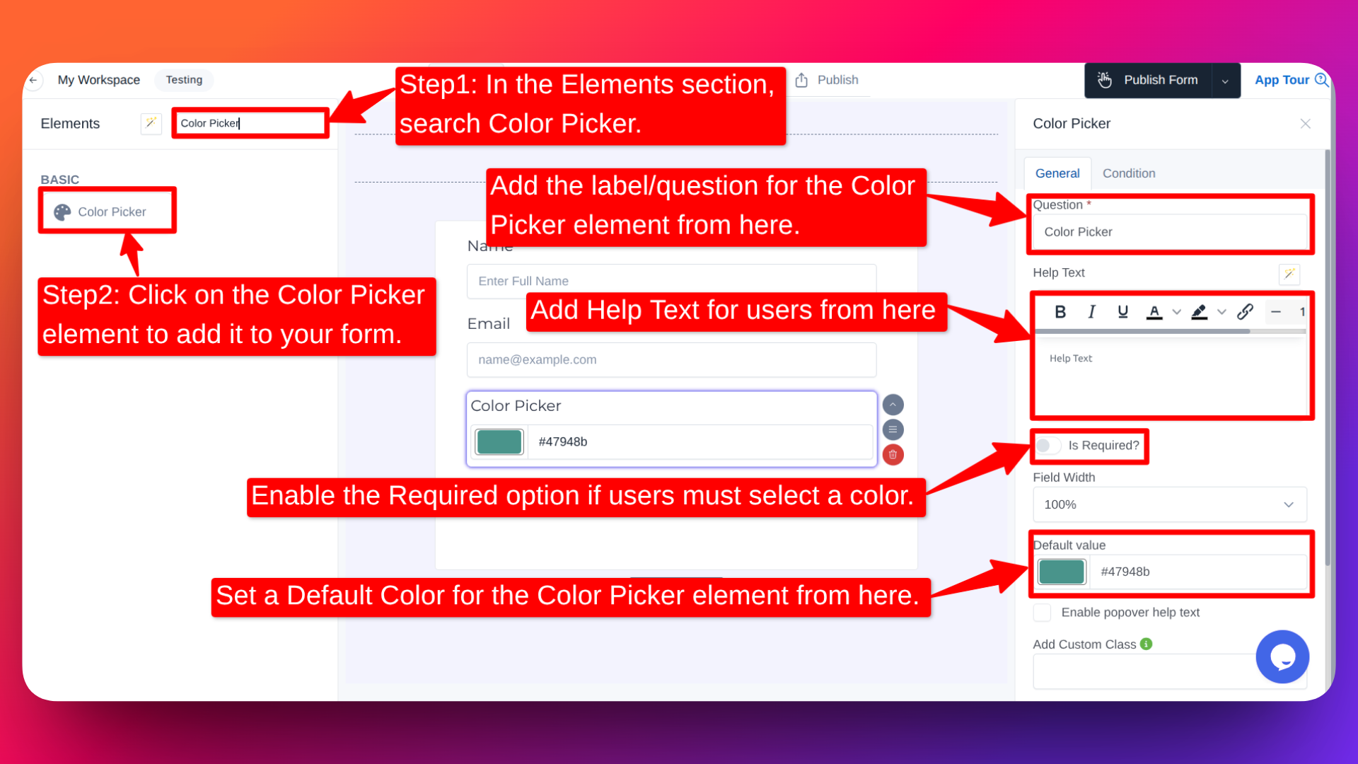 Steps for adding and customizing the color picker element