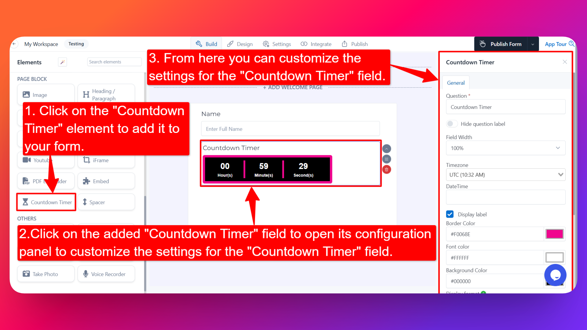 How to add Countdown Timer field and setting configuration for the Countdown Timer field