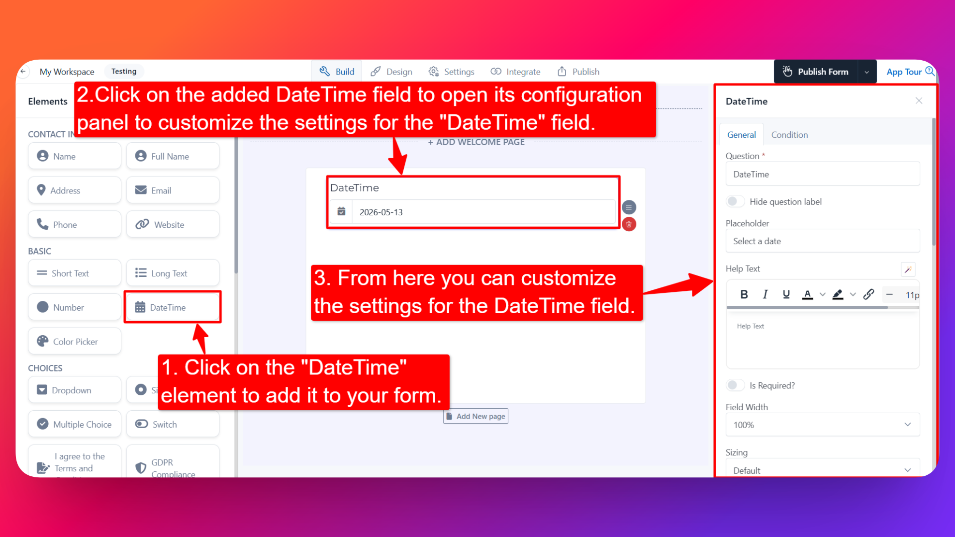 How to add datetime field and setting configuration for the datetime field