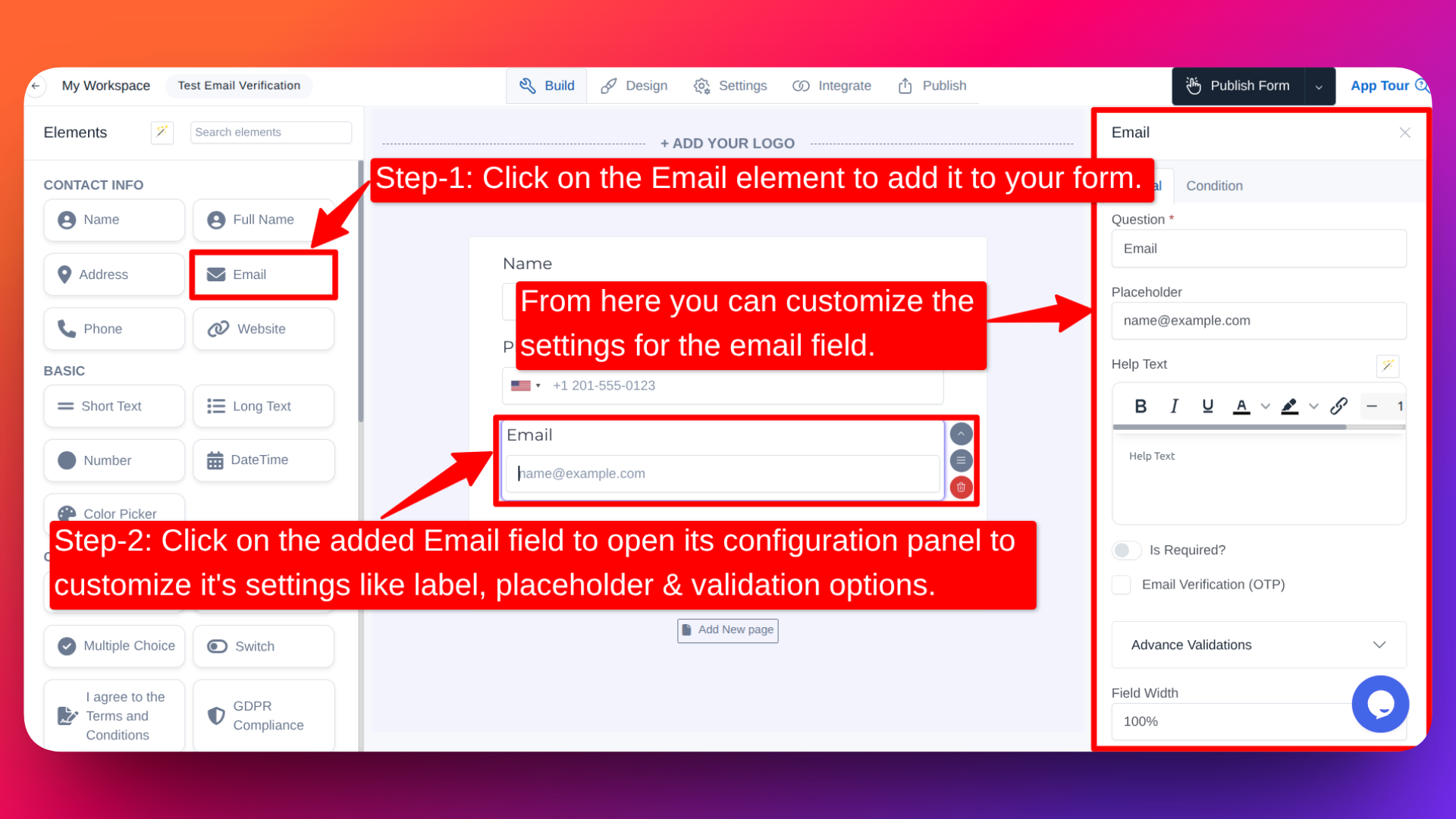 How to add email field and setting configuration for the email field