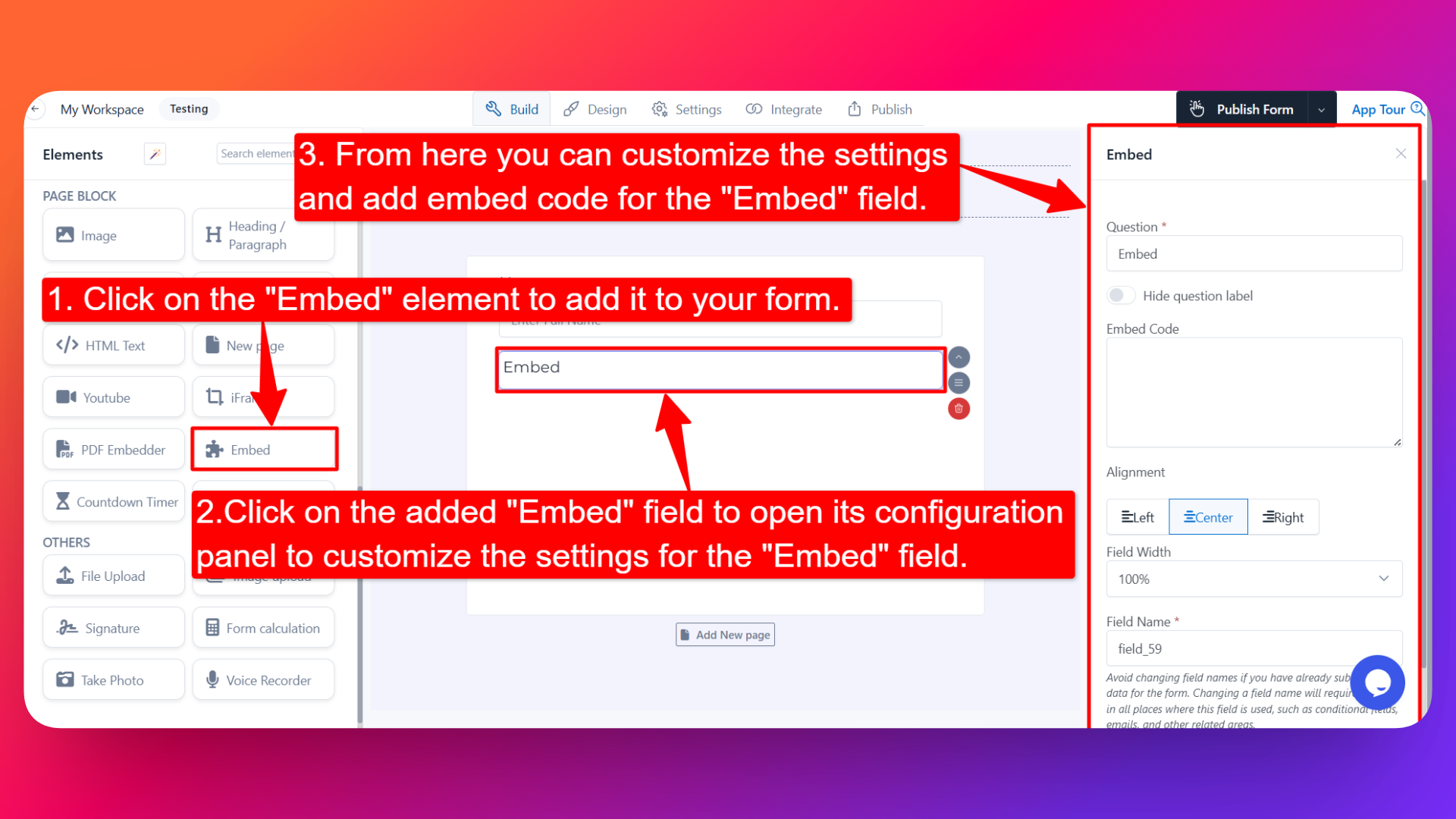 How to add Embed field and setting configuration for the Embed field