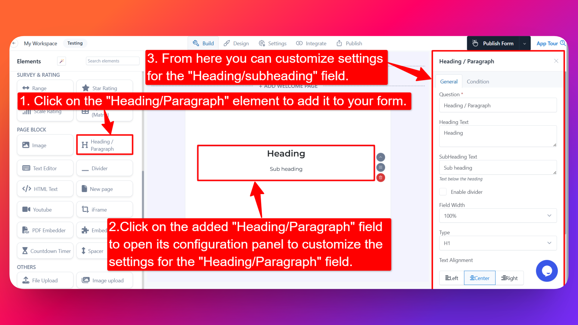 How to add Heading/Paragraph field and setting configuration for the Heading/Paragraph field