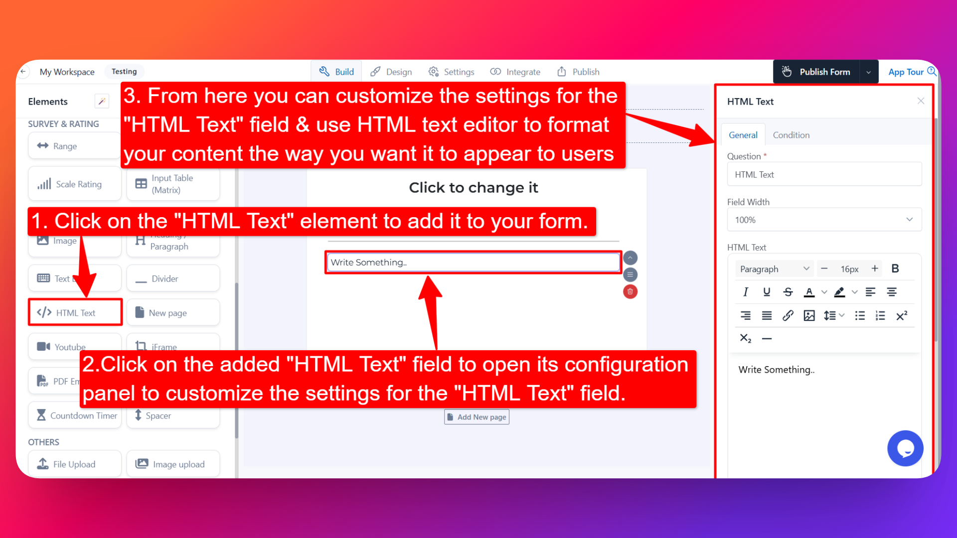 How to add HTML Text field and setting configuration for the HTML Text field