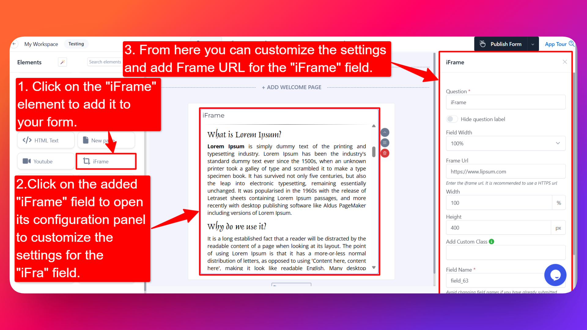 How to add iFrame field and setting configuration for the iFrame field