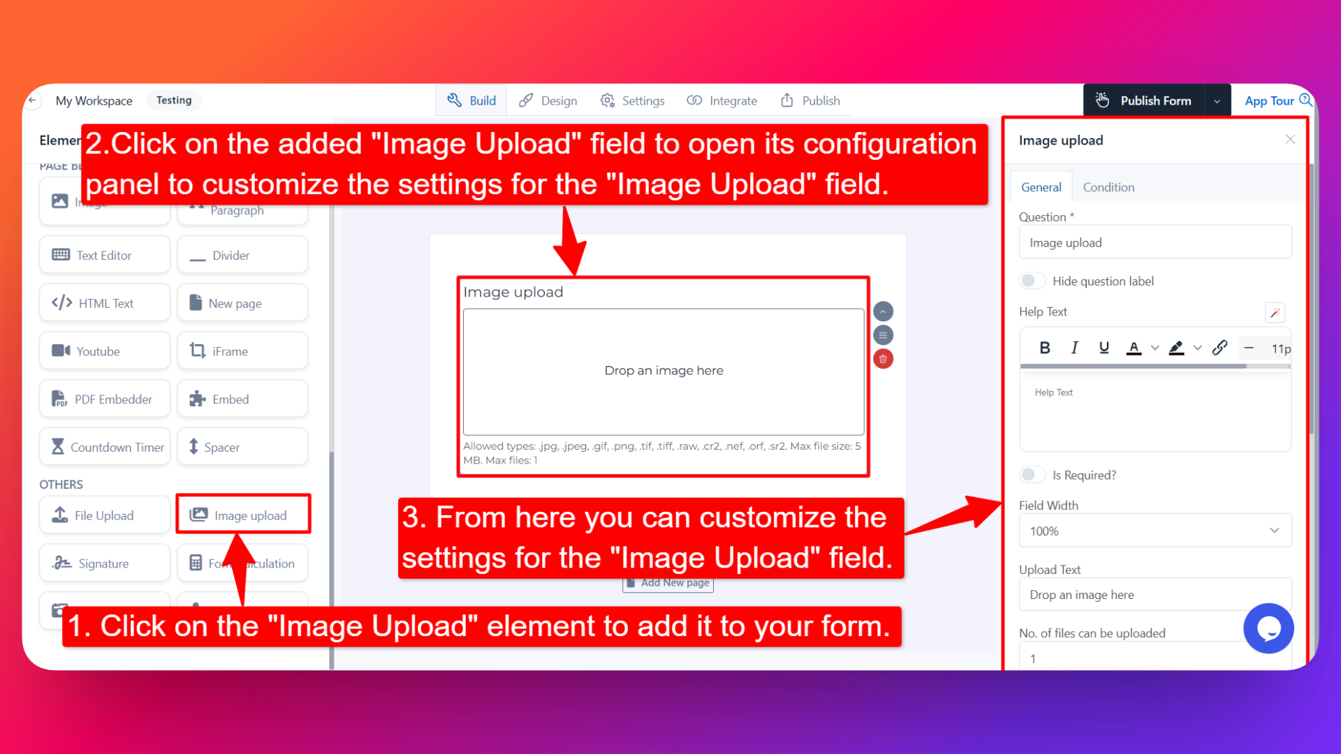 How to add Image Upload field and setting configuration for the Image Upload field