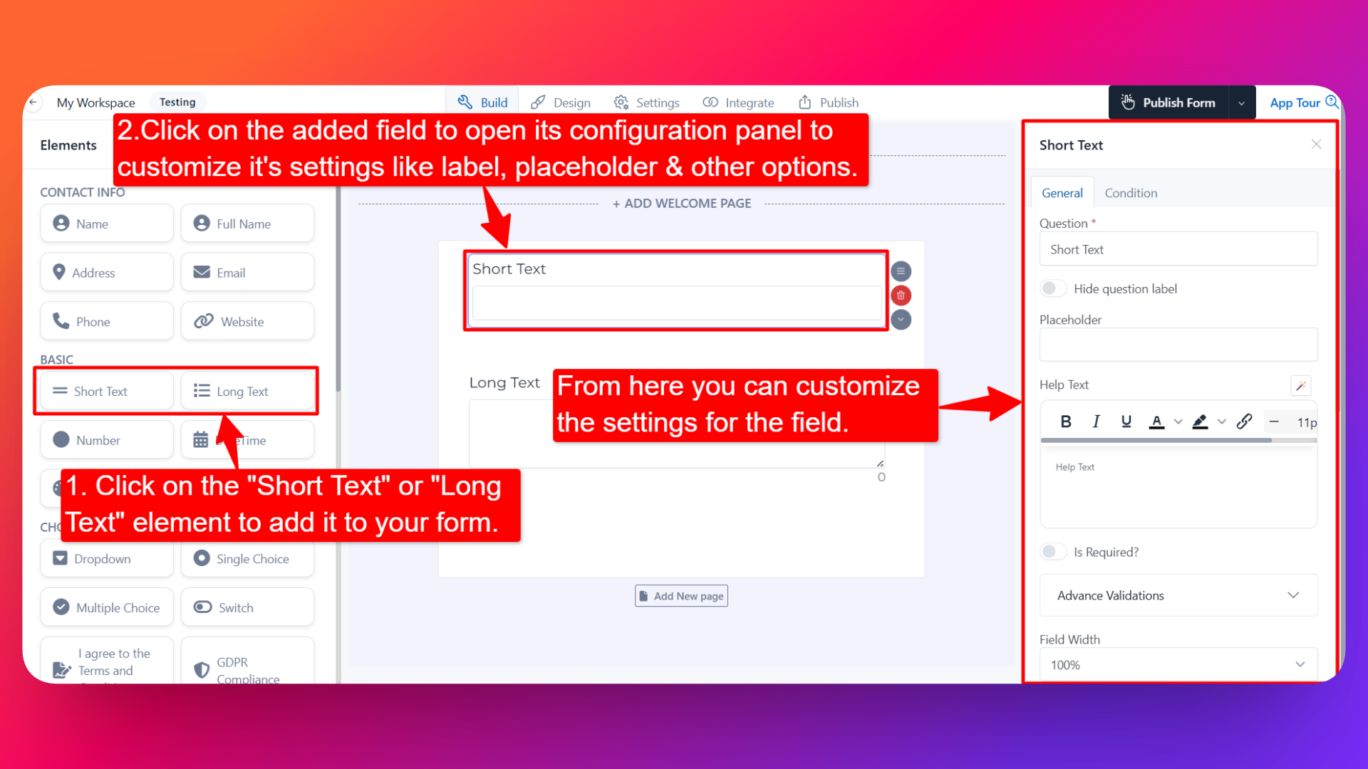 How to add input field and setting configuration for the input fields