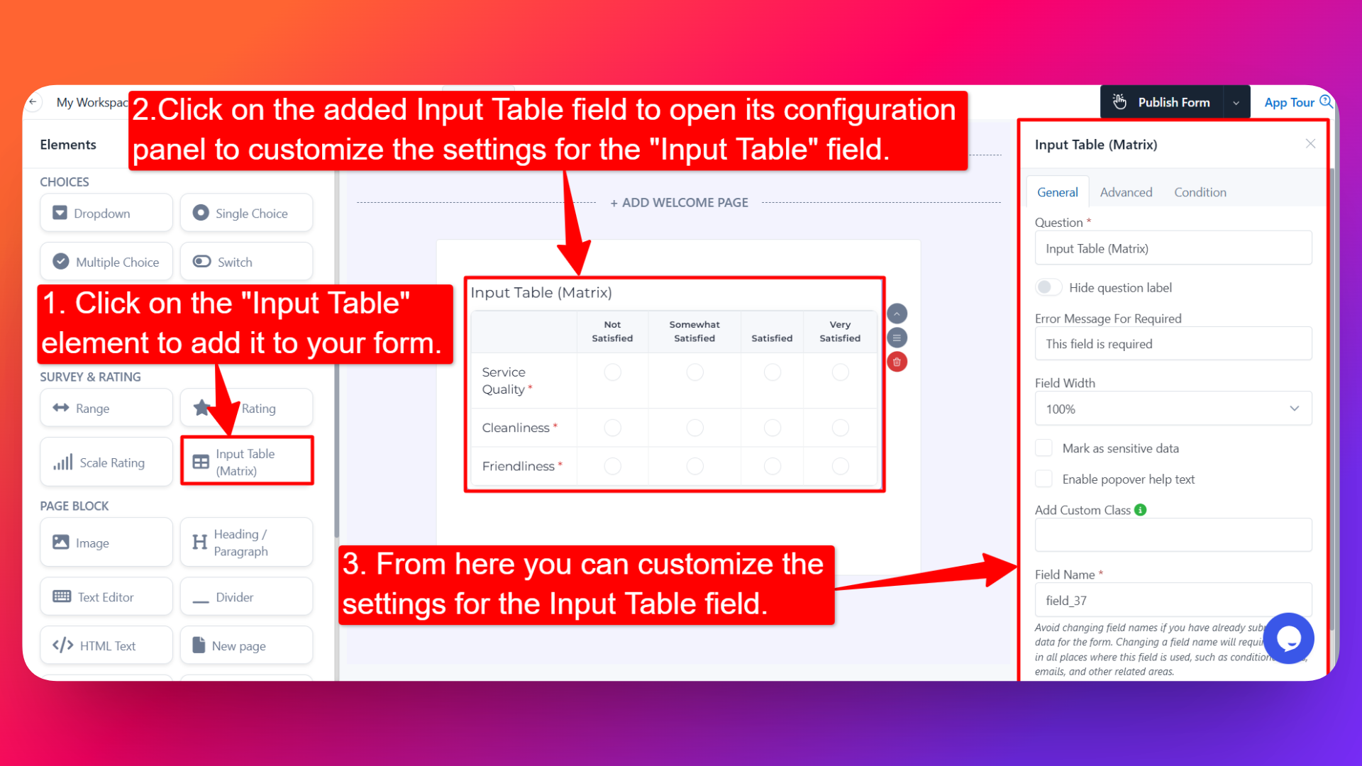 How to add Input Table field and setting configuration for the Input Table field