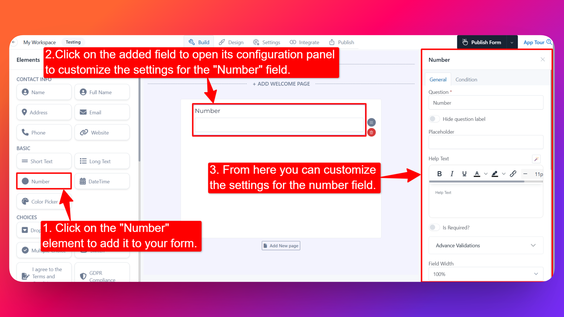 How to add number field and setting configuration for the number field