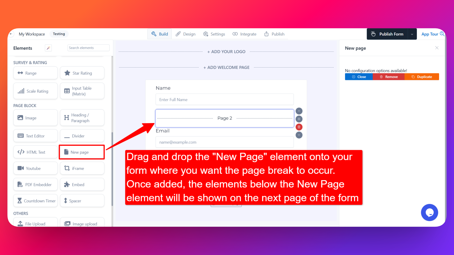 How to add Page Break field and setting configuration for the Page Break field
