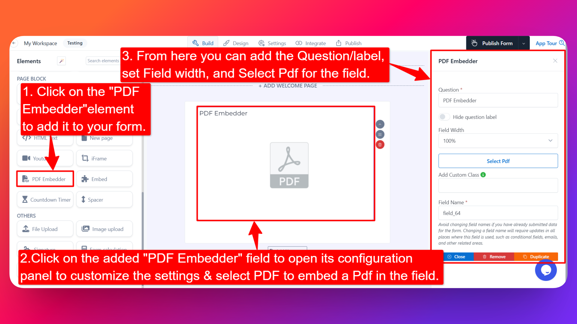 How to add PDF Embedder field and setting configuration for the PDF Embedder field