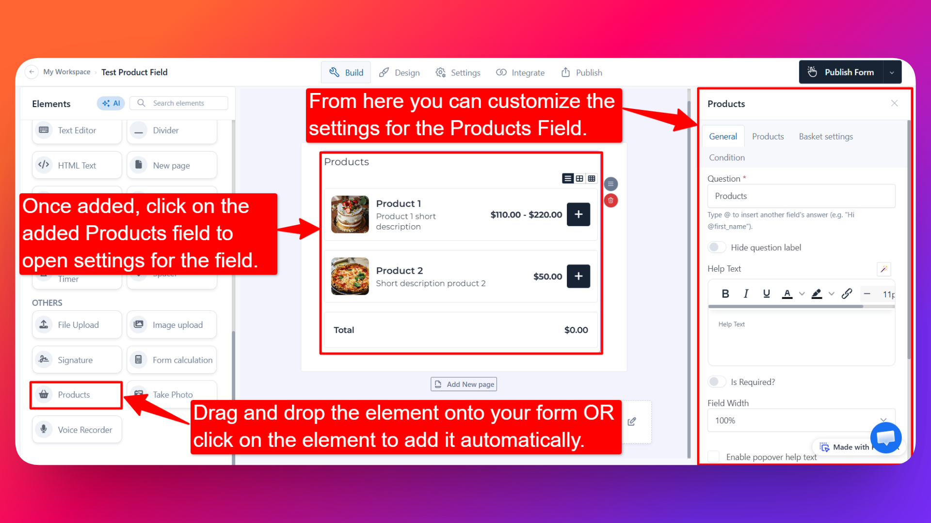 How to add Products Field to the Form