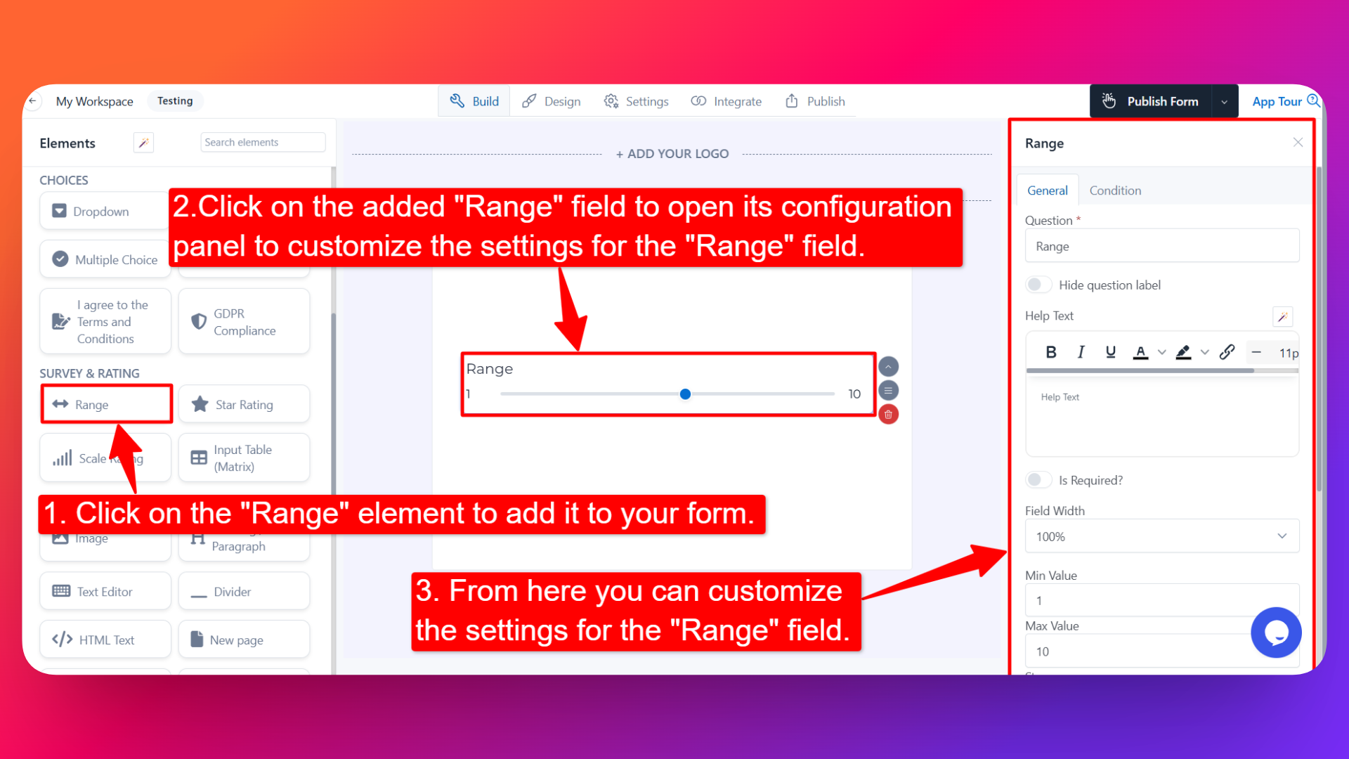 How to add Range field and setting configuration for the Range field