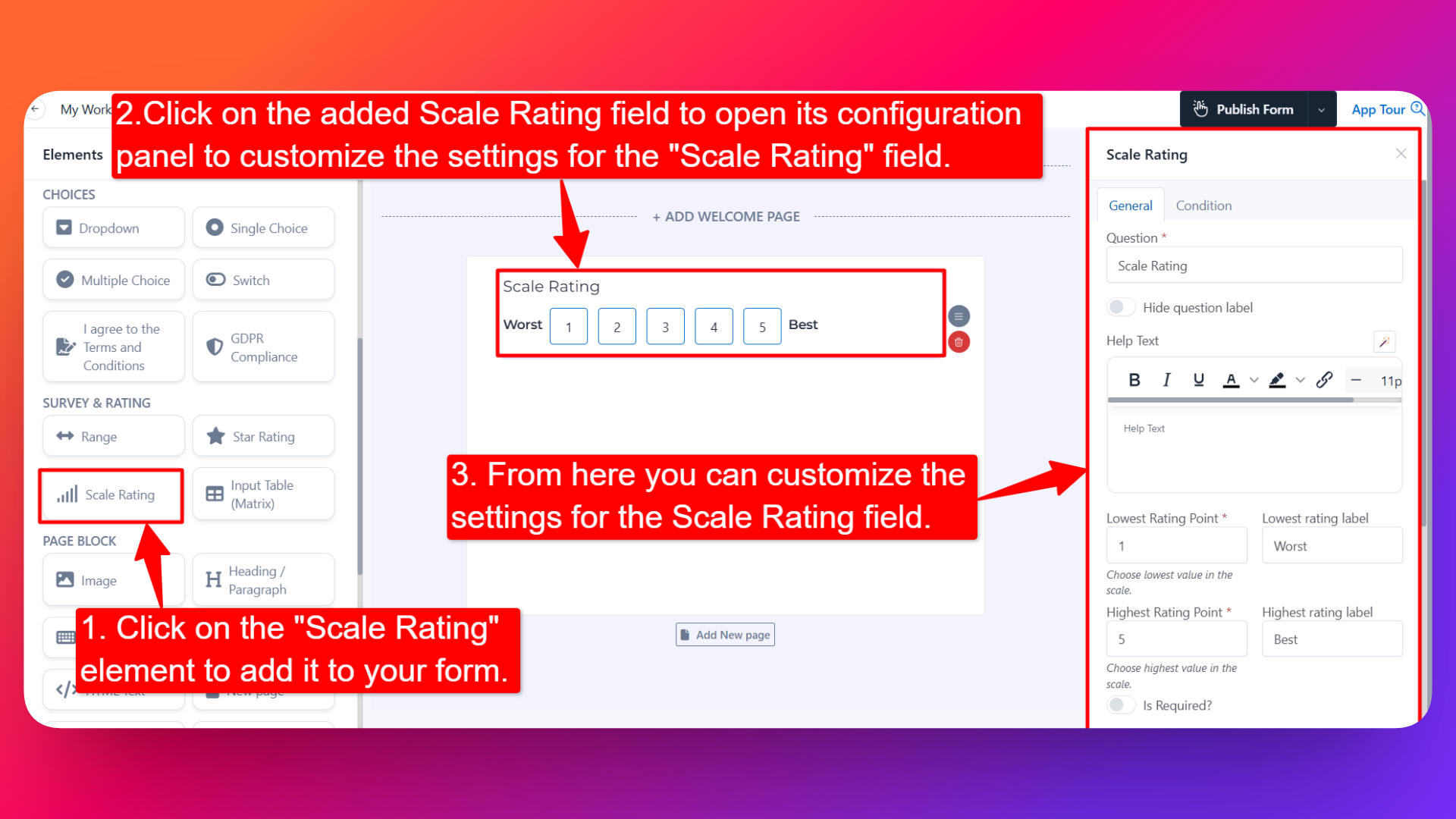 How to add Scale Rating field and setting configuration for the scale rating field
