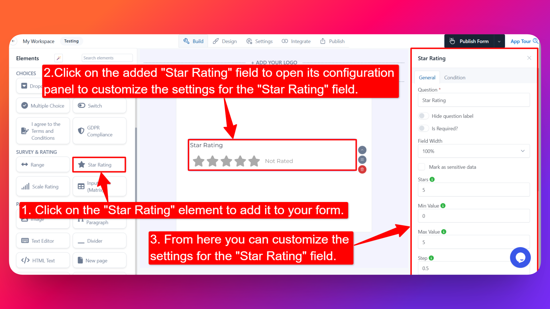 How to add Start Rating field and setting configuration for the Star Rating field