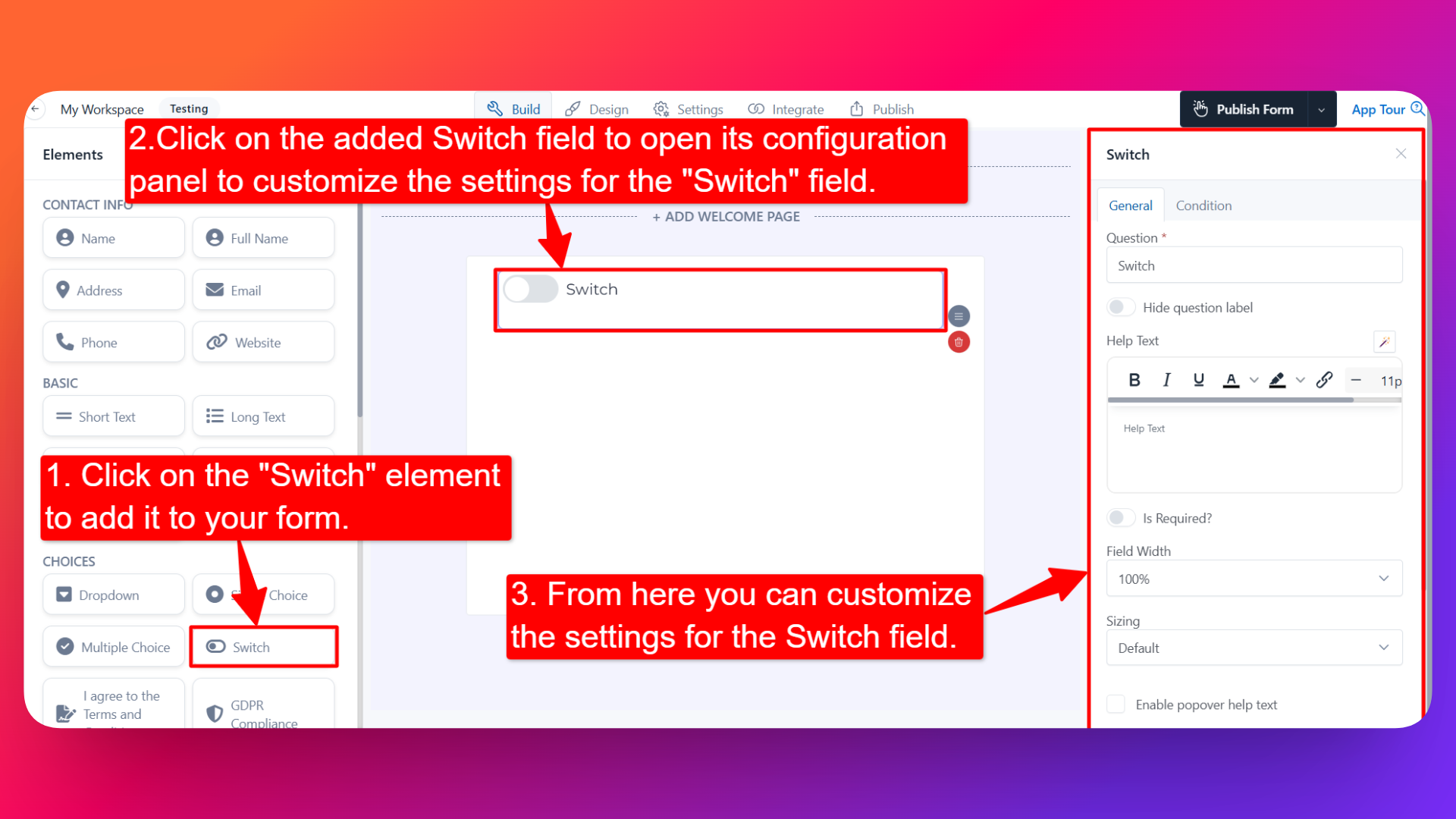 How to add Switch field and setting configuration for the switch field