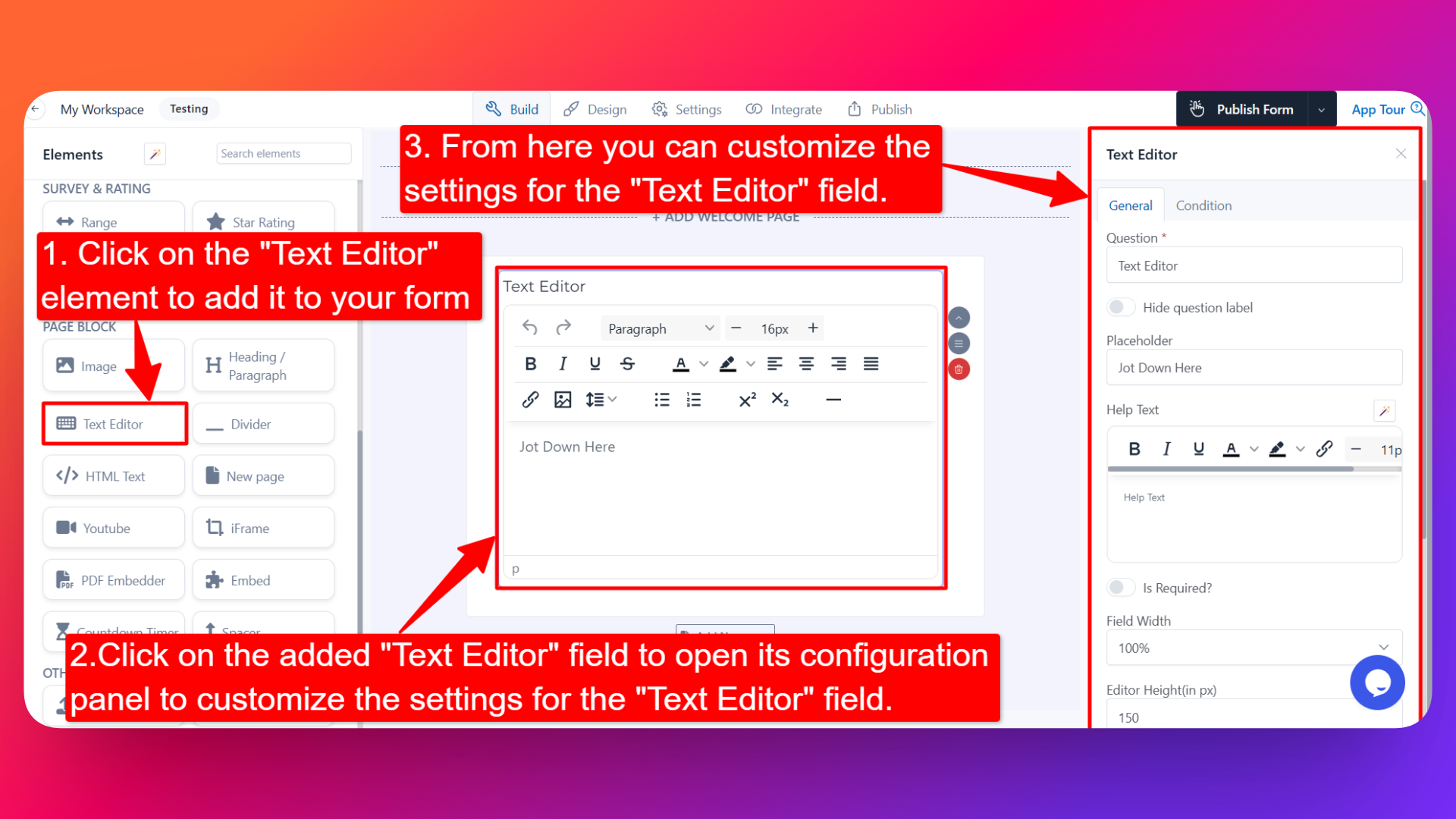 How to add Text Editor field and setting configuration for the Text Editor field