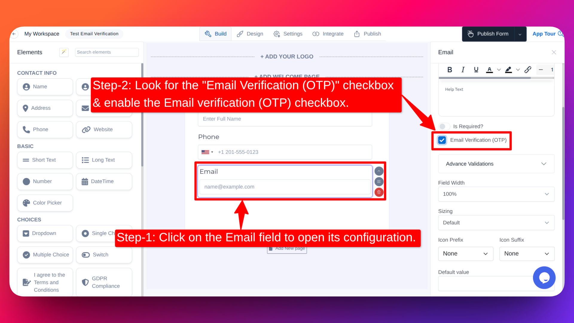 How to enable email verification otp option