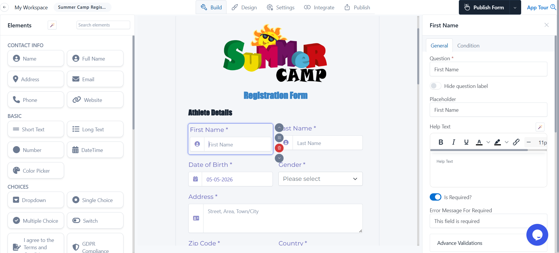 FormNX summer camp registration form in builder