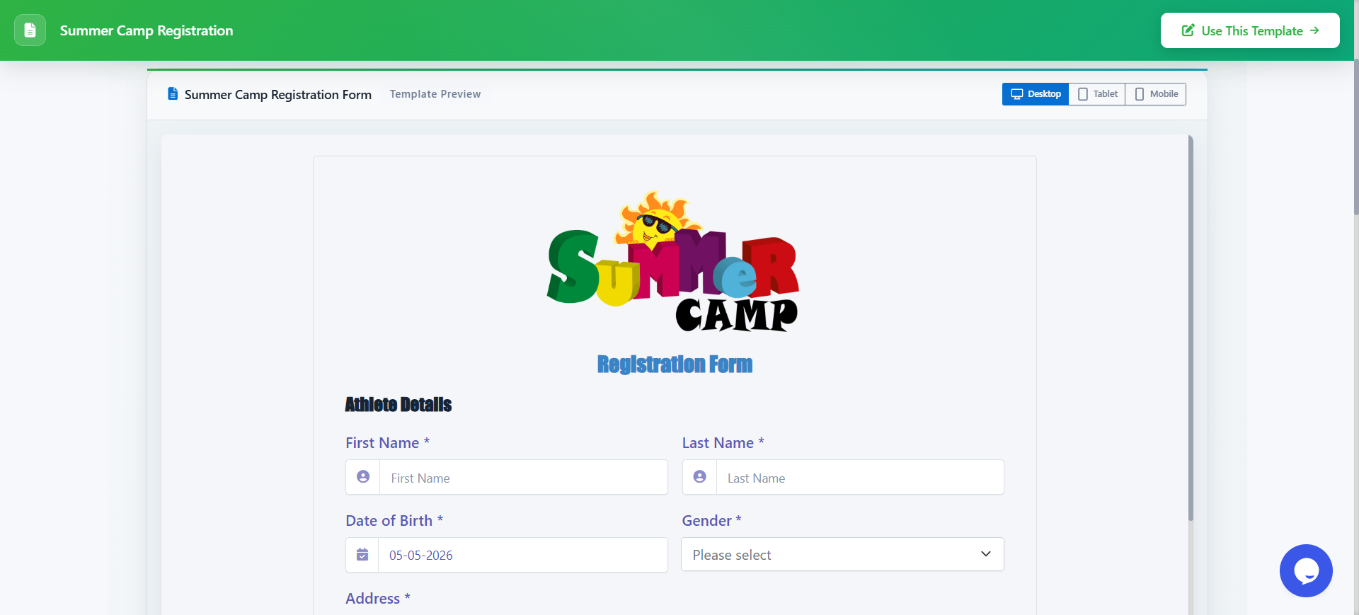 Summer camp registration form template